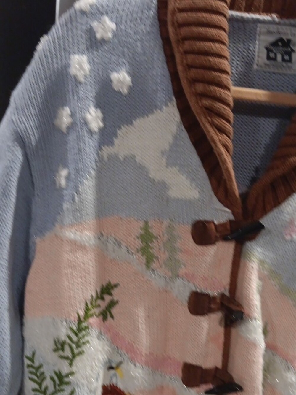 Storybook Knits Light Blue, Brown, Pink Embroidered Bird Shawl-Front Cardigan - Picture 6 of 9